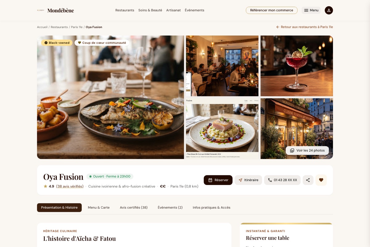 Maquette web navigable en Vue.js : fiche restaurant avec galerie photos, réservation et avis (projet Mondébène)