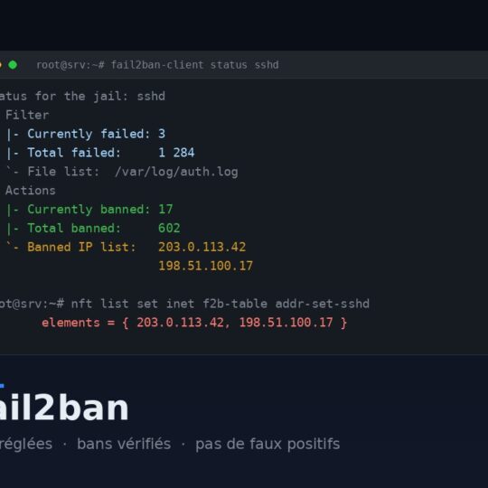 Sortie de fail2ban-client montrant une jail SSH active avec 17 adresses actuellement bannies