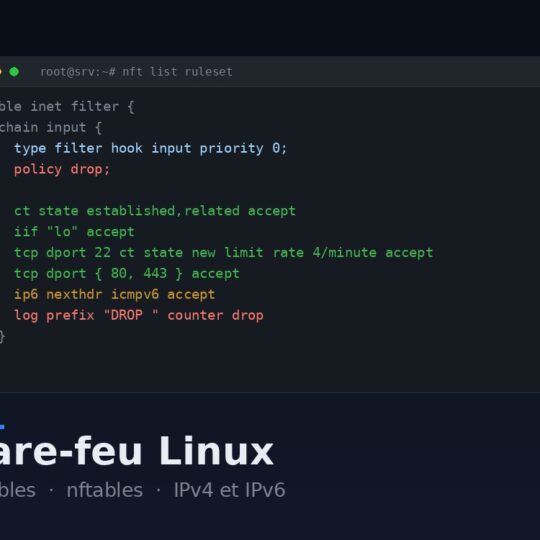 Jeu de règles nftables affiché dans un terminal : politique drop, ouvertures explicites en IPv4 et IPv6