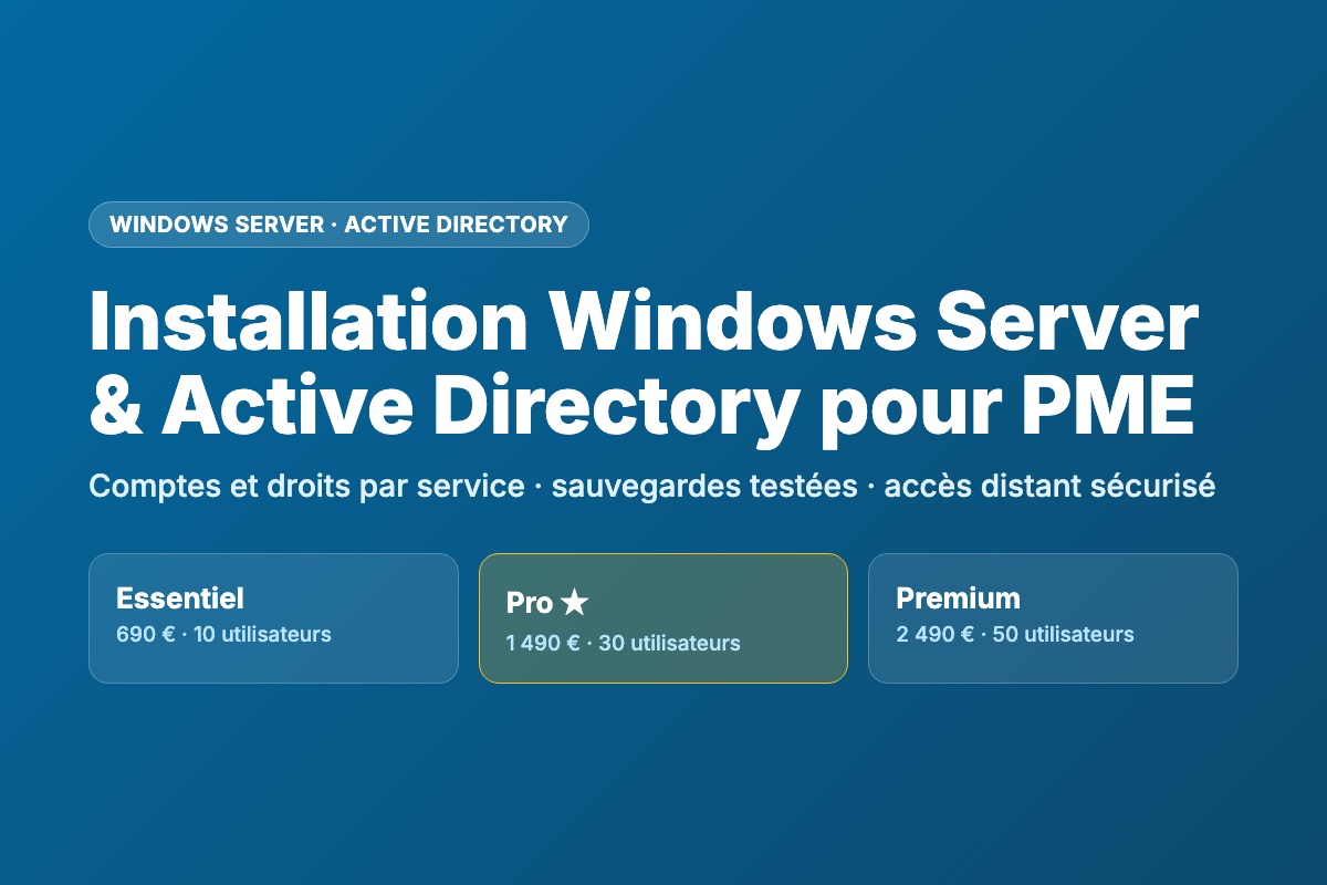 Installation Windows Server et Active Directory pour PME : formules Essentiel, Pro et Premium