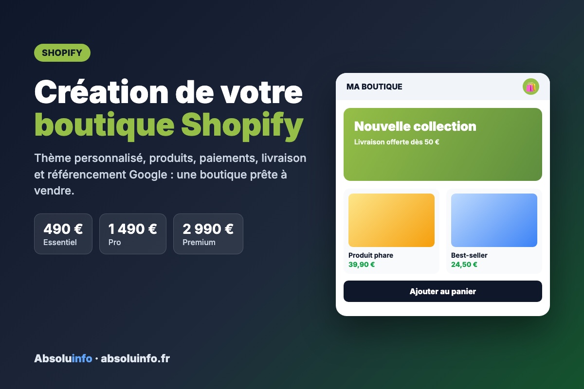 Création de boutique Shopify clé en main par AbsoluInfo : formules Essentiel 490 €, Pro 1 490 € et Premium 2 990 €