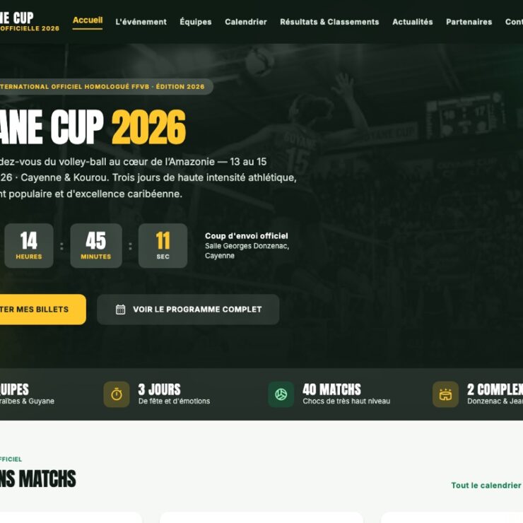 Page d'accueil de la maquette Guyane CUP, tournoi de volley-ball en Guyane : compte à rebours, billetterie et programme