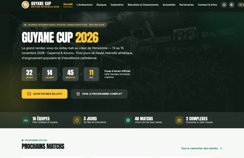 Page d'accueil de la maquette Guyane CUP, tournoi de volley-ball en Guyane : compte à rebours, billetterie et programme
