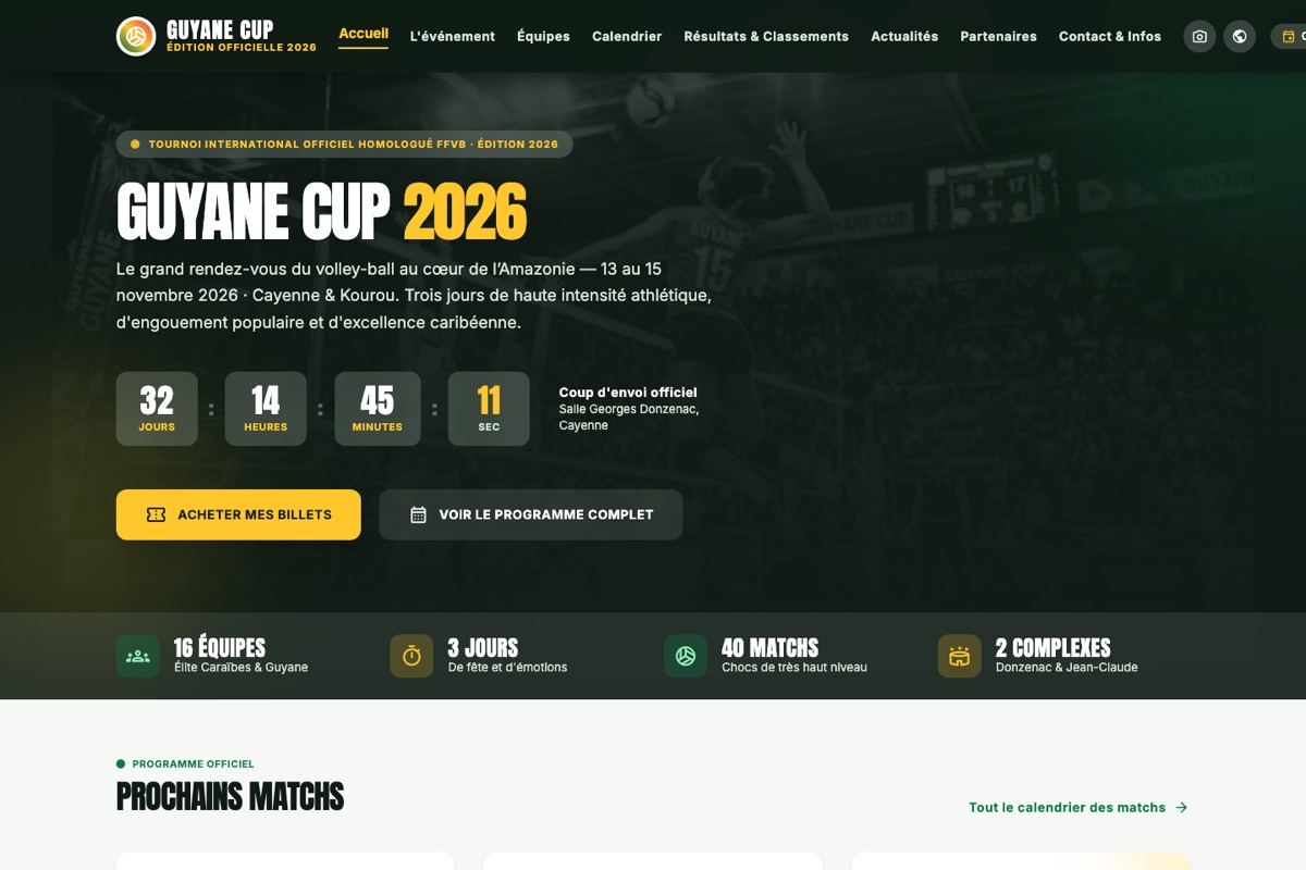 Page d'accueil de la maquette Guyane CUP, tournoi de volley-ball en Guyane : compte à rebours, billetterie et programme
