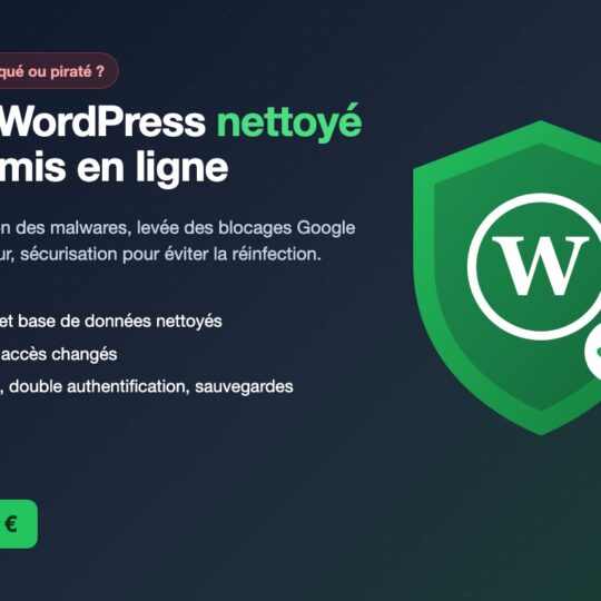 Nettoyage de site WordPress piraté : suppression des malwares, remise en ligne et sécurisation, dès 190 €